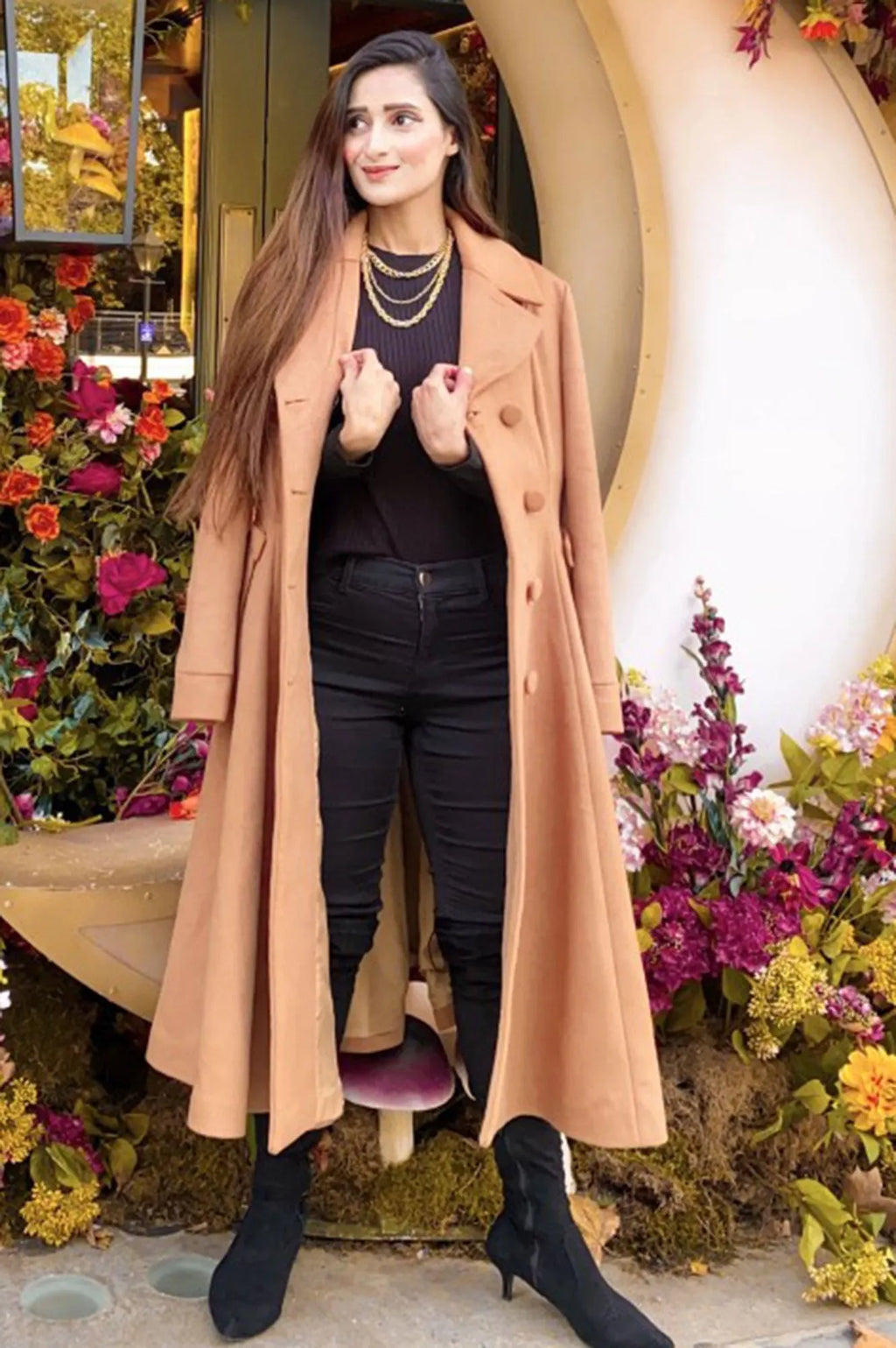 Camel Wool Coat - Fit and Flare, Double Breasted Vintage Style 3222