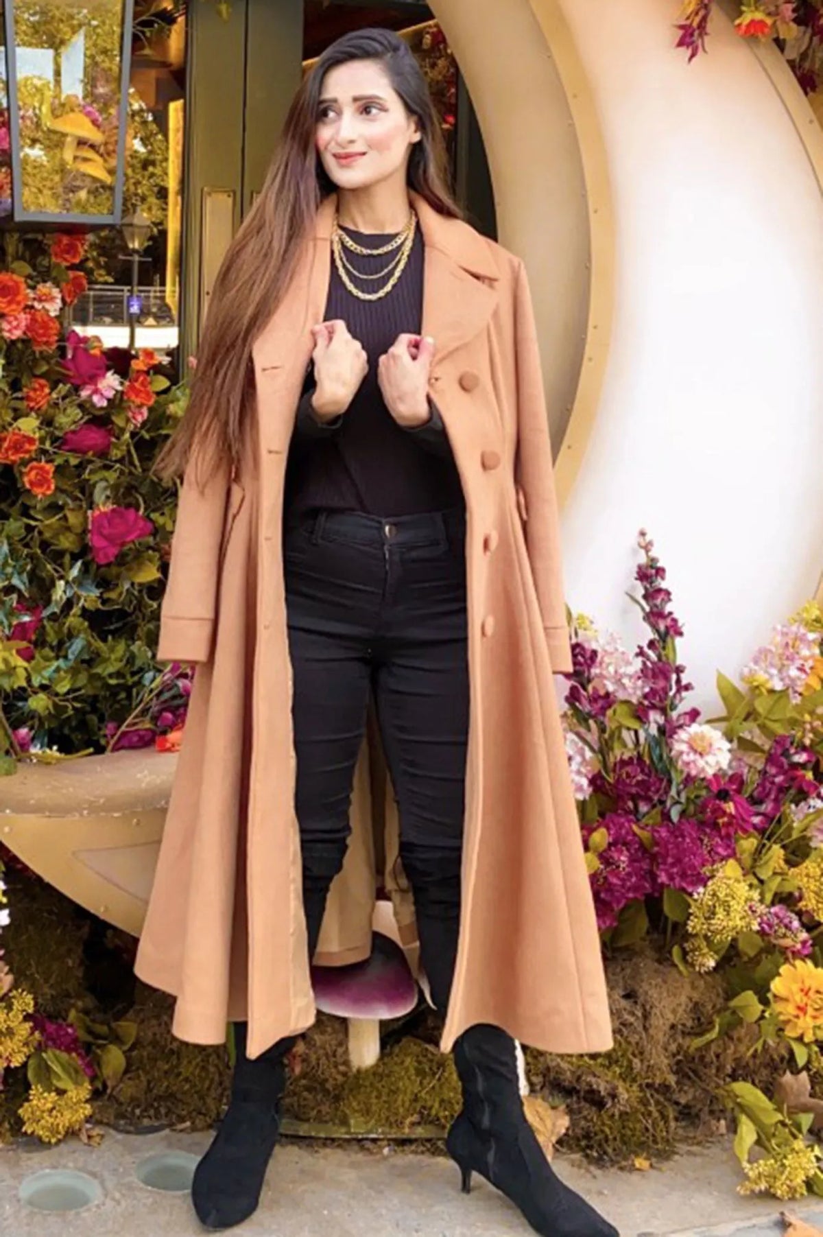 Camel Wool Coat - Fit and Flare, Double Breasted Vintage Style 3222