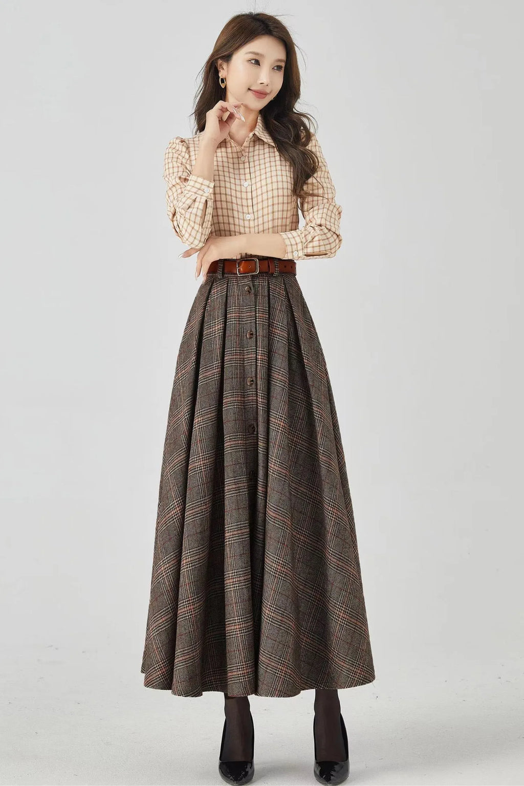 Plaid Wool A-Line Long Skirt - Flared Ankle-Length Winter Style 4536