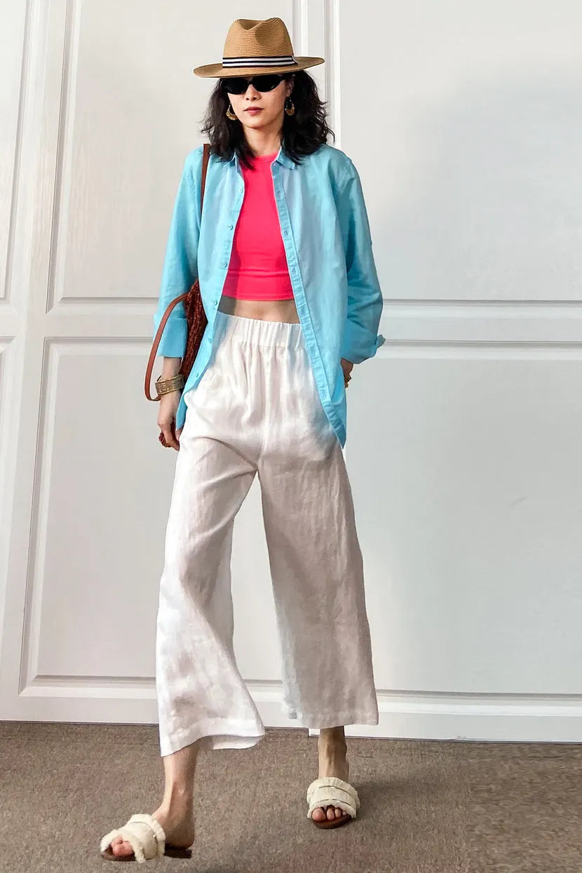 Beige Cotton Linen Wide Leg Pants - Loose Fit with Elastic Waist 3496