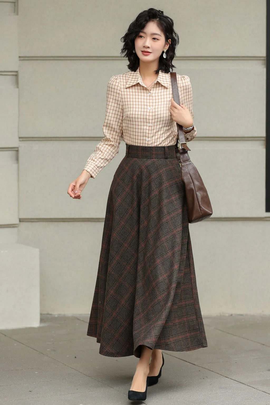 Handmade Dark Brown Plaid Wool Maxi Skirt – High Waist A-line Winter Elegance 6424