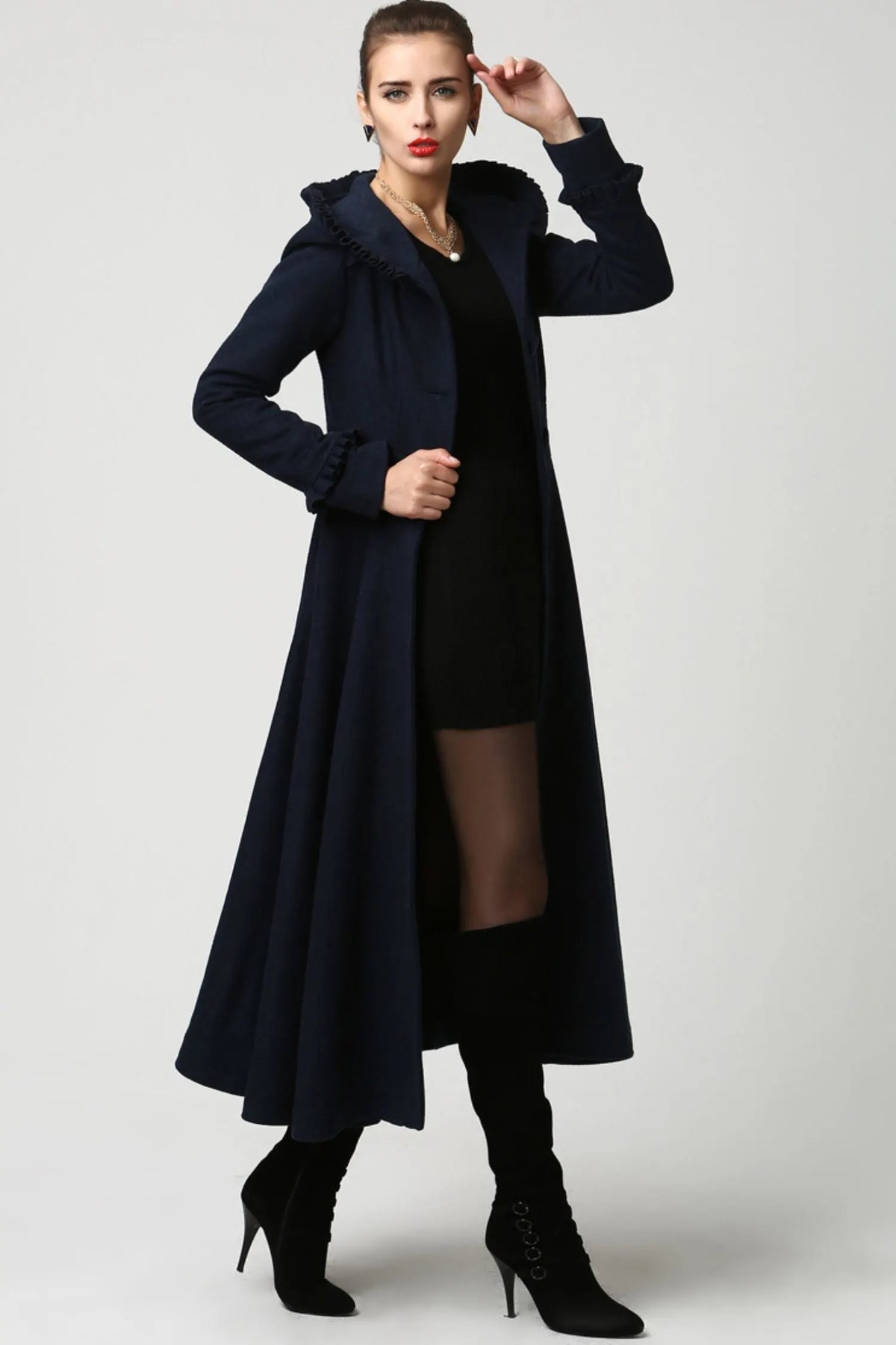 Navy Hooded Wool Maxi Coat – Ruffle Trim Fit & Flare Winter Coat 