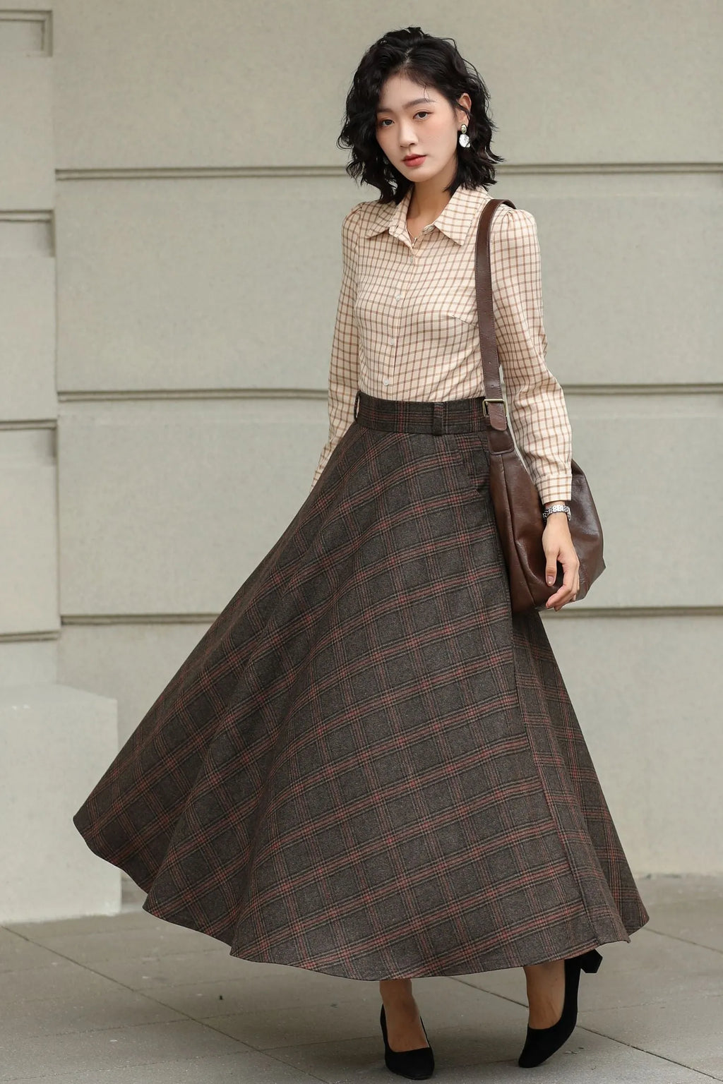 Handmade Dark Brown Plaid Wool Maxi Skirt – High Waist A-line Winter Elegance 6424