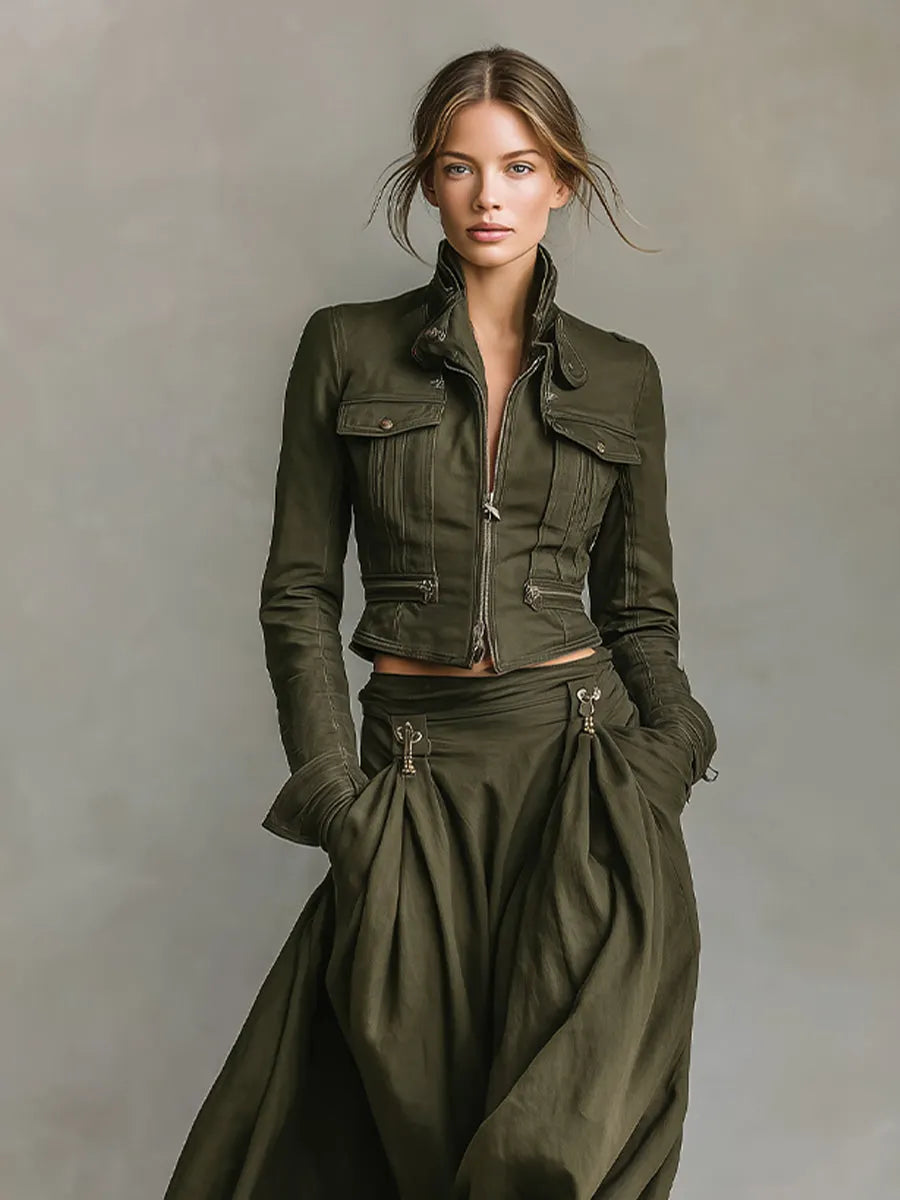 Women's Green Edgy 100% Cotton Zip - Front Cropped Jacket And Maxi Skirt Set 