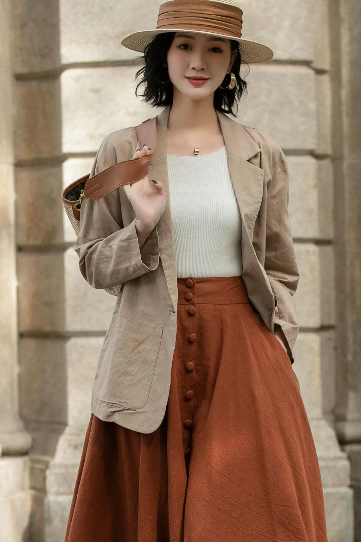 Beige Linen Cotton Jacket with Pockets - Classic Lapel Collar 5690