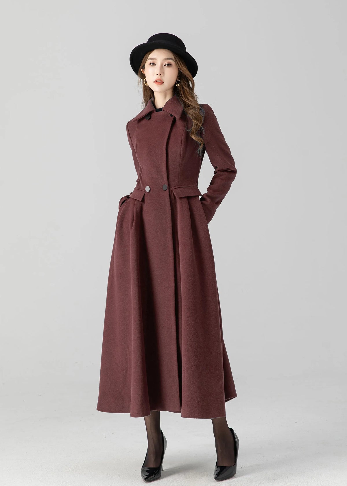Burgundy Wool Long Coat - Vintage Inspired A-Line Swing 5506