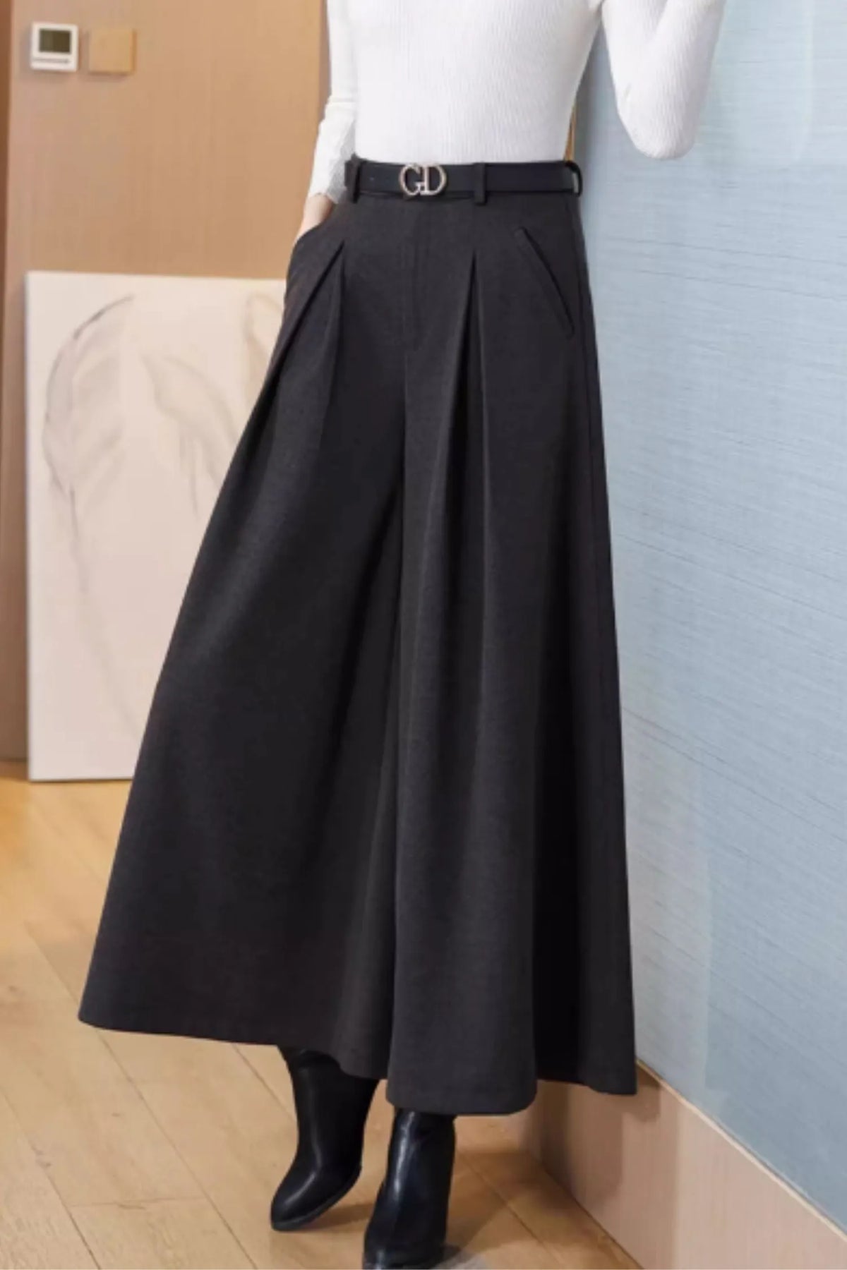 Black Wool Wide Leg Pants - High Waist Relaxed Fit 6372