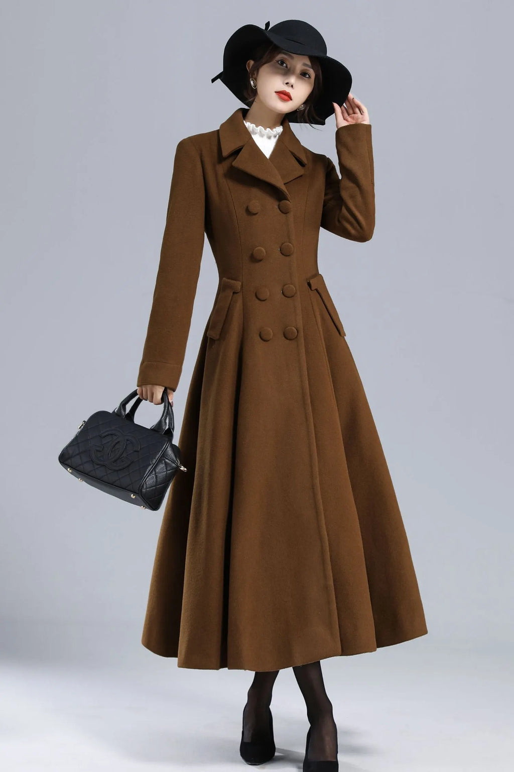Chocolate Brown Wool Maxi Coat – Vintage Double Breasted Long Overcoat 3238