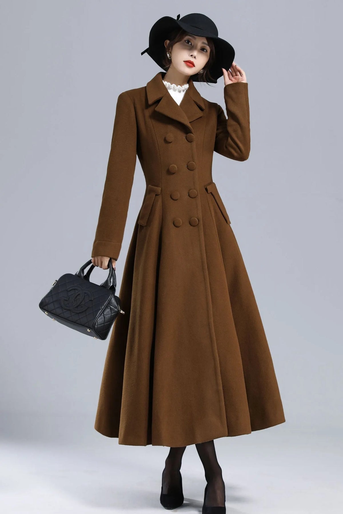 Chocolate Brown Wool Maxi Coat – Vintage Double Breasted Long Overcoat 3238