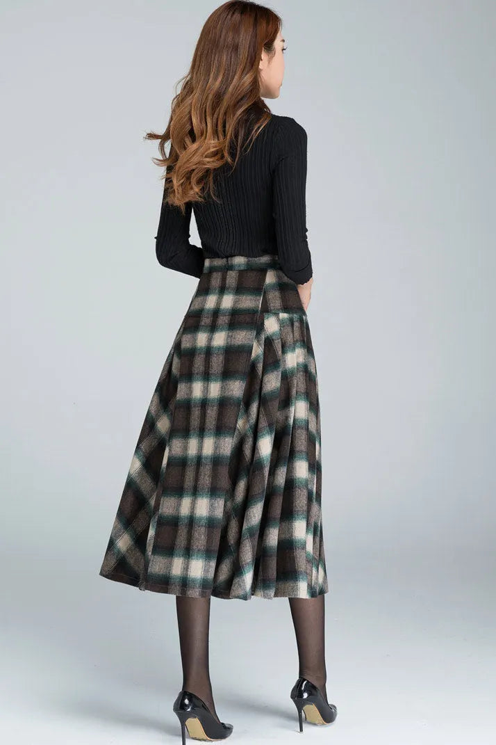 Plaid Wool Blend Midi Skirt – Handmade 1950s Vintage Swing Elegance Xiaolizi 5401