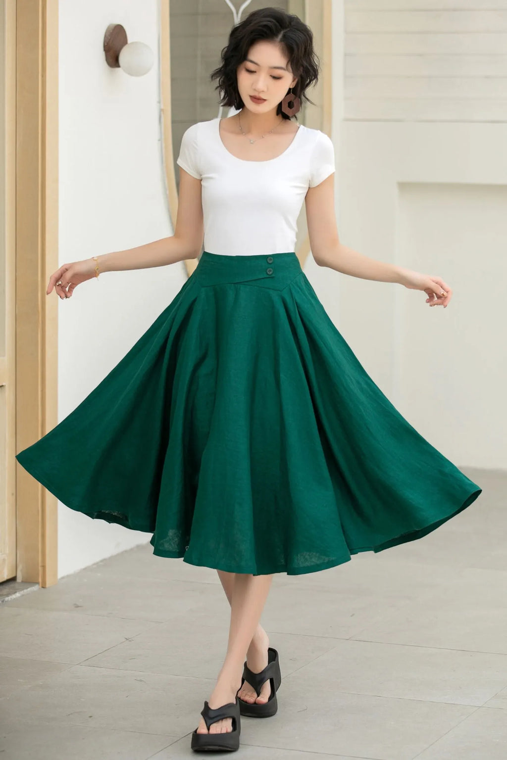 Dark Green Linen Midi Skirt - High-Waisted A-Line Flare 5834