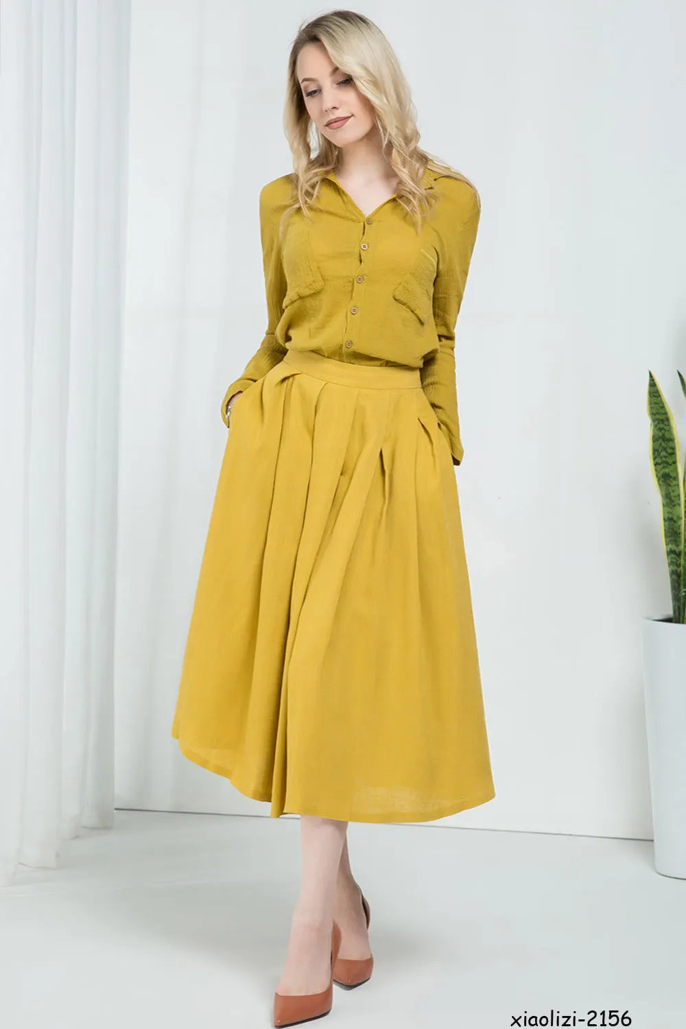 Blue Linen Cotton Blend A-Line Midi Skirt - Pleated Elegance 1591