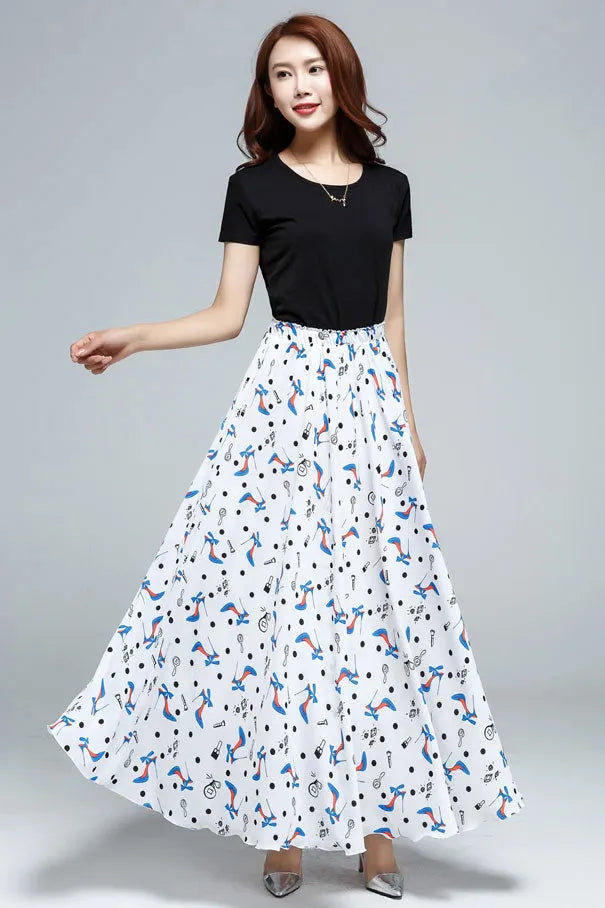 Printed Chiffon Maxi Skirt - Elastic Waist, Swing Silhouette 3608