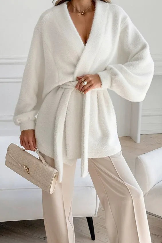 White Fuzzy Tie Waist Mid-Length Relaxed Cardigan