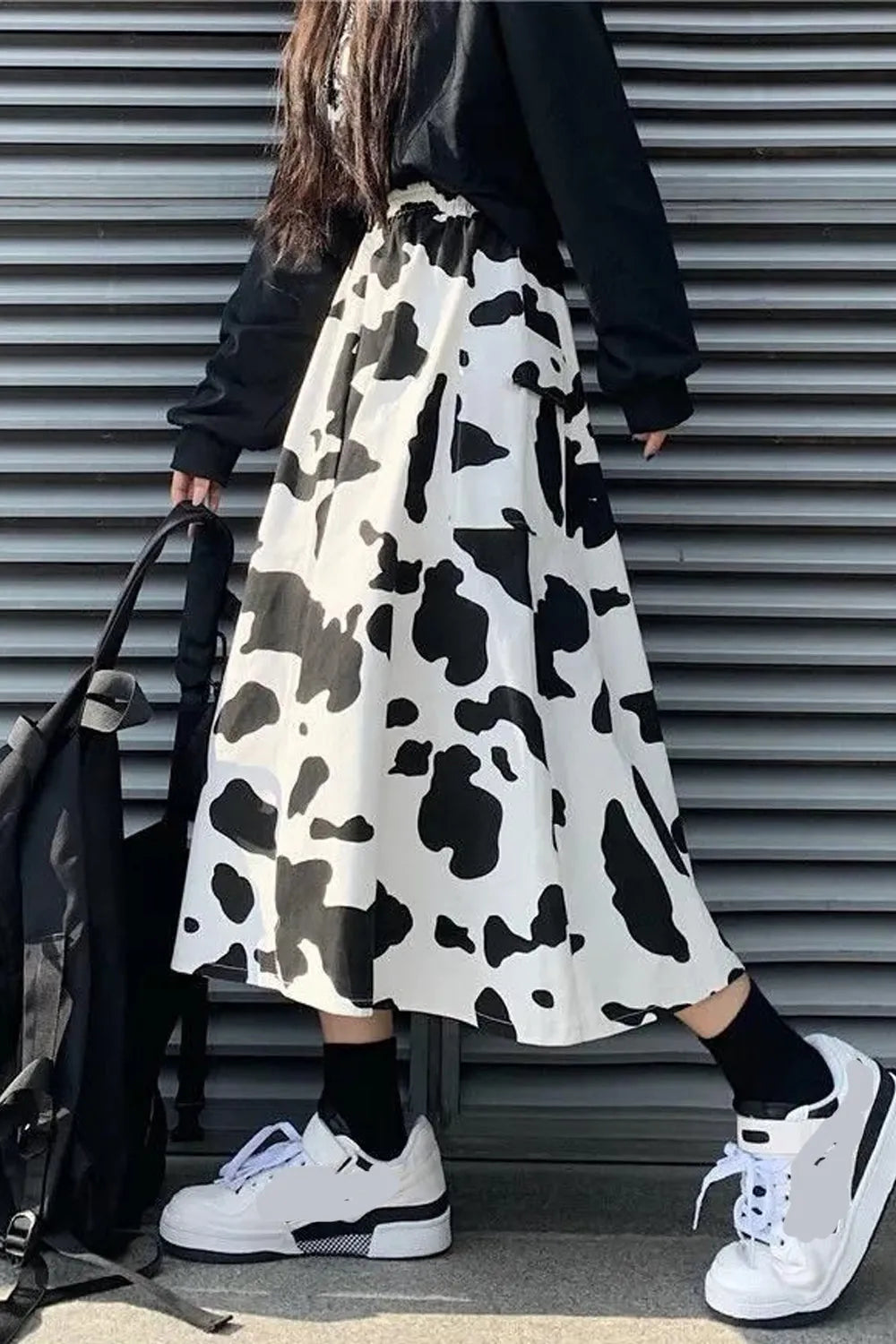 KittenAlarm - Loose Cow Printed Mid Calf Skirts