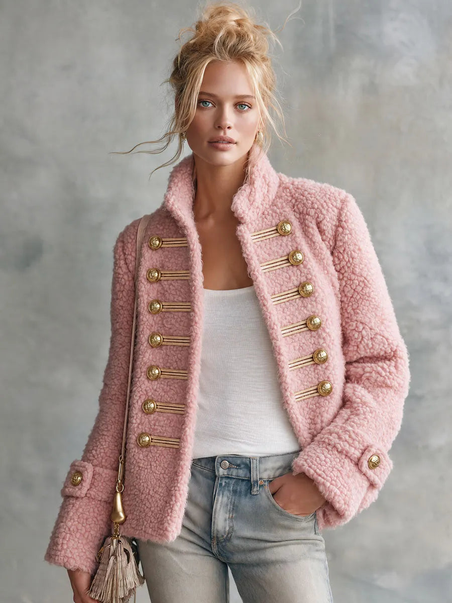 Retro Elegant Pink Teddy Fleece Stand-Collar Gold-Button Military Coat