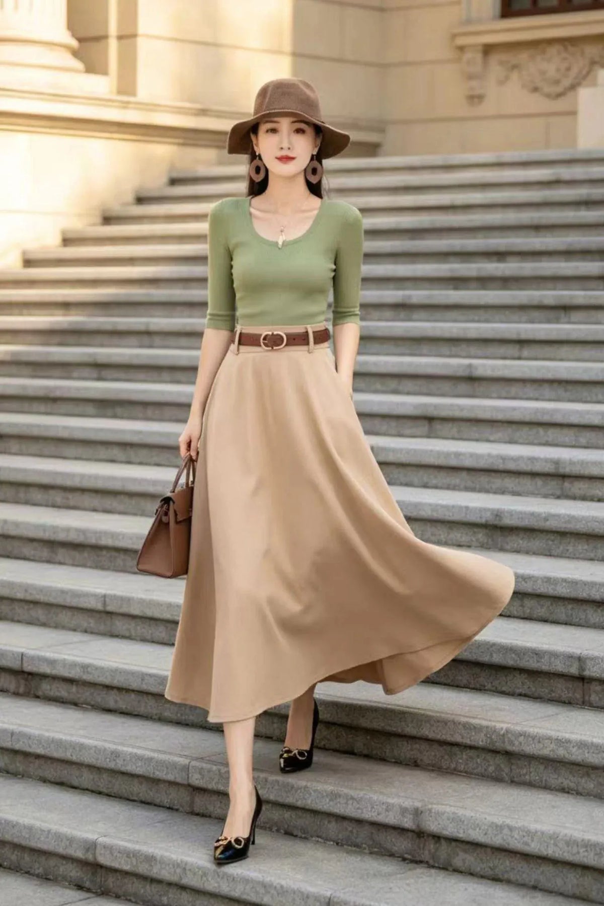 Khaki Cotton Blend Maxi Skirt - High-Waisted A-Line Swing Silhouette 6794