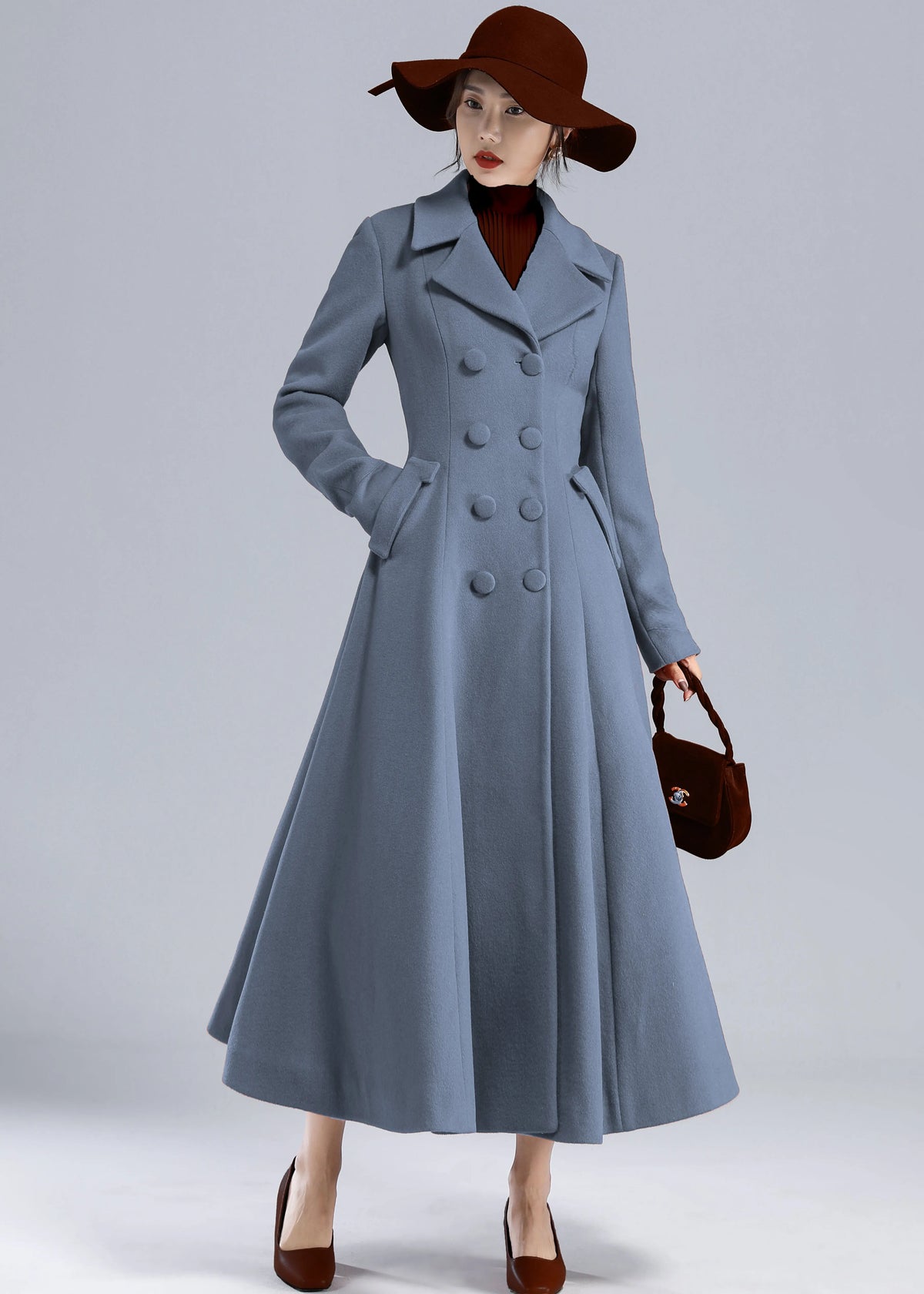 Blue Wool Long Coat - Fit and Flare Double Breasted 5496