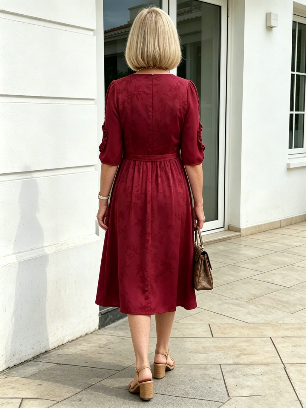 Coffee Brown Floral Print Midi Dress, Split Neck Button Front Ruffle 3/4 Sleeve Tie Waist Slimming Dress for Mature Wome