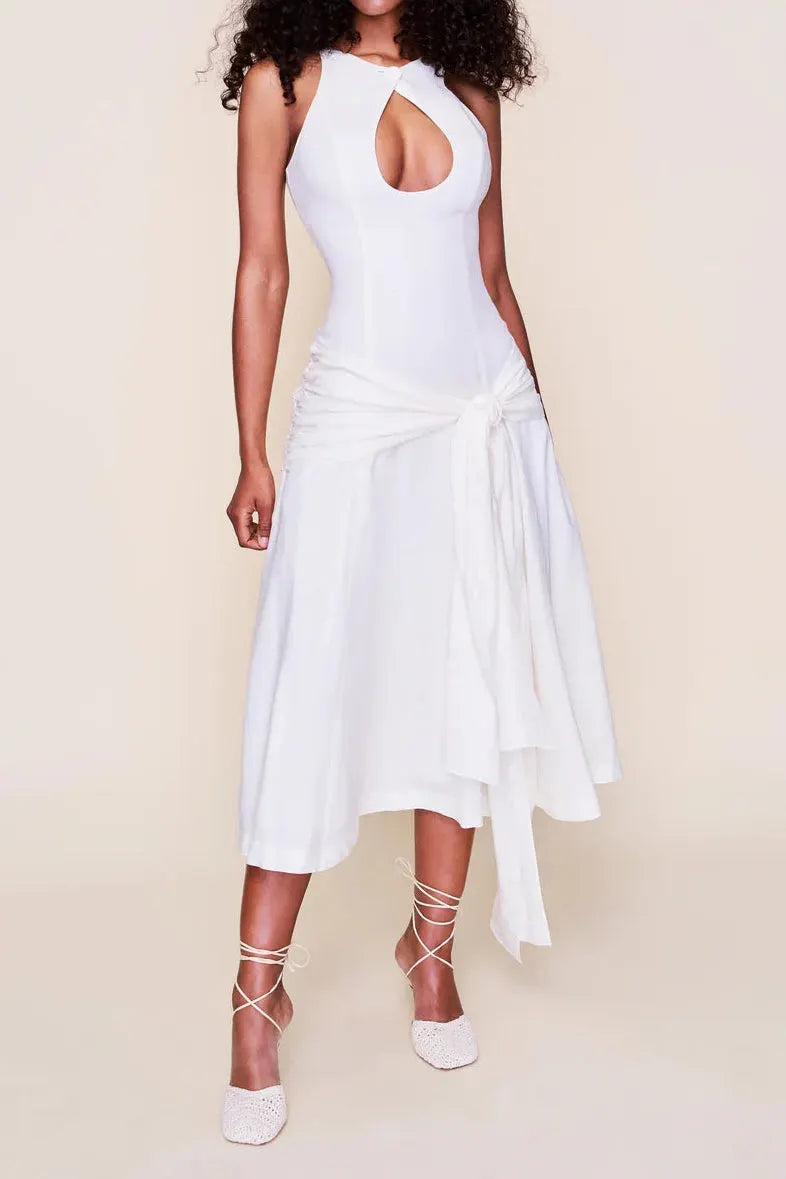 Halter Cutout Waist Tie Irregular Midi Dress