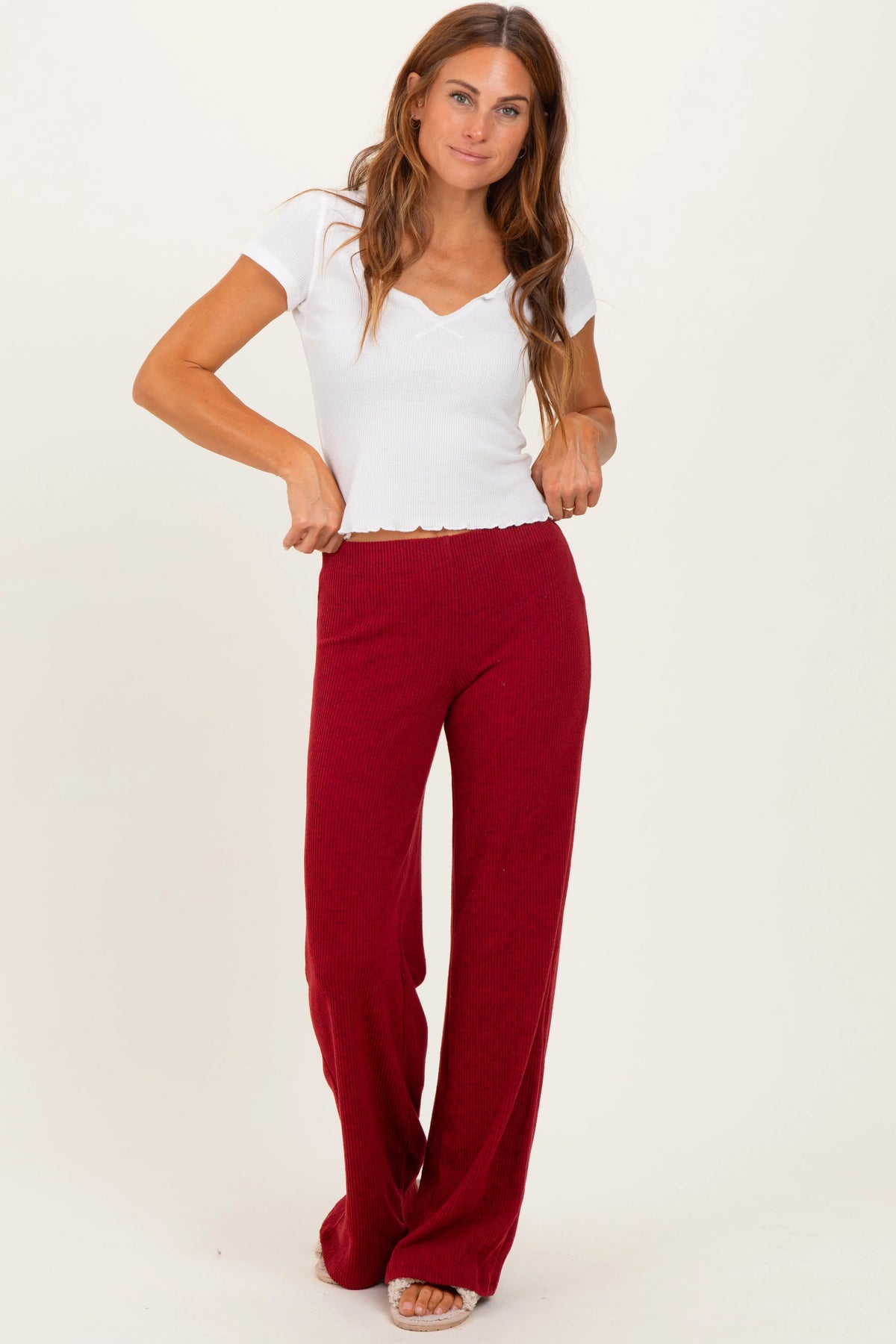 Red Brushed Knit Flare Leg Maternity Pants