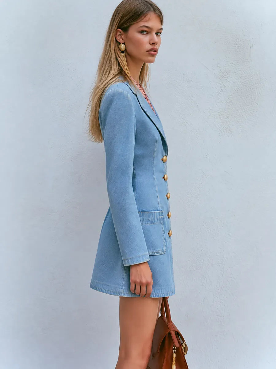 Light Wash Gold Buttons Denim Blazer Mini Dress