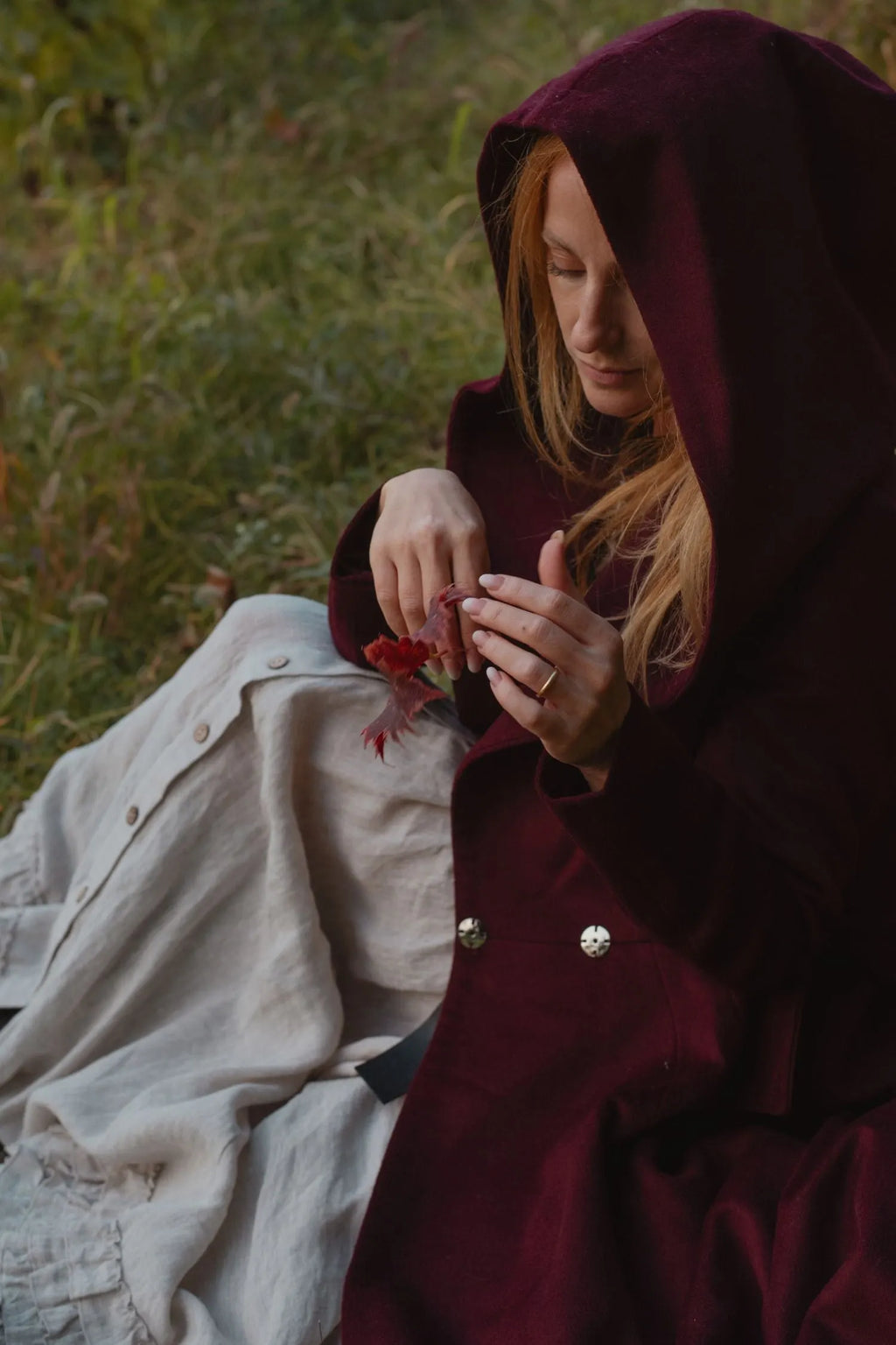 Burgundy Hooded Wool Coat – Handmade Long Belted Wool Winter Overcoat for Women 6546