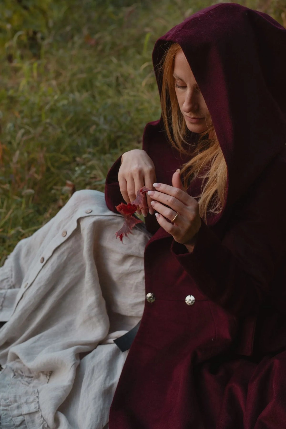 Burgundy Hooded Wool Coat – Handmade Long Belted Wool Winter Overcoat for Women 6546