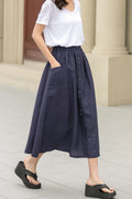 Dark Blue Linen Midi Skirt - Button-Up, Elastic Waistband 4944
