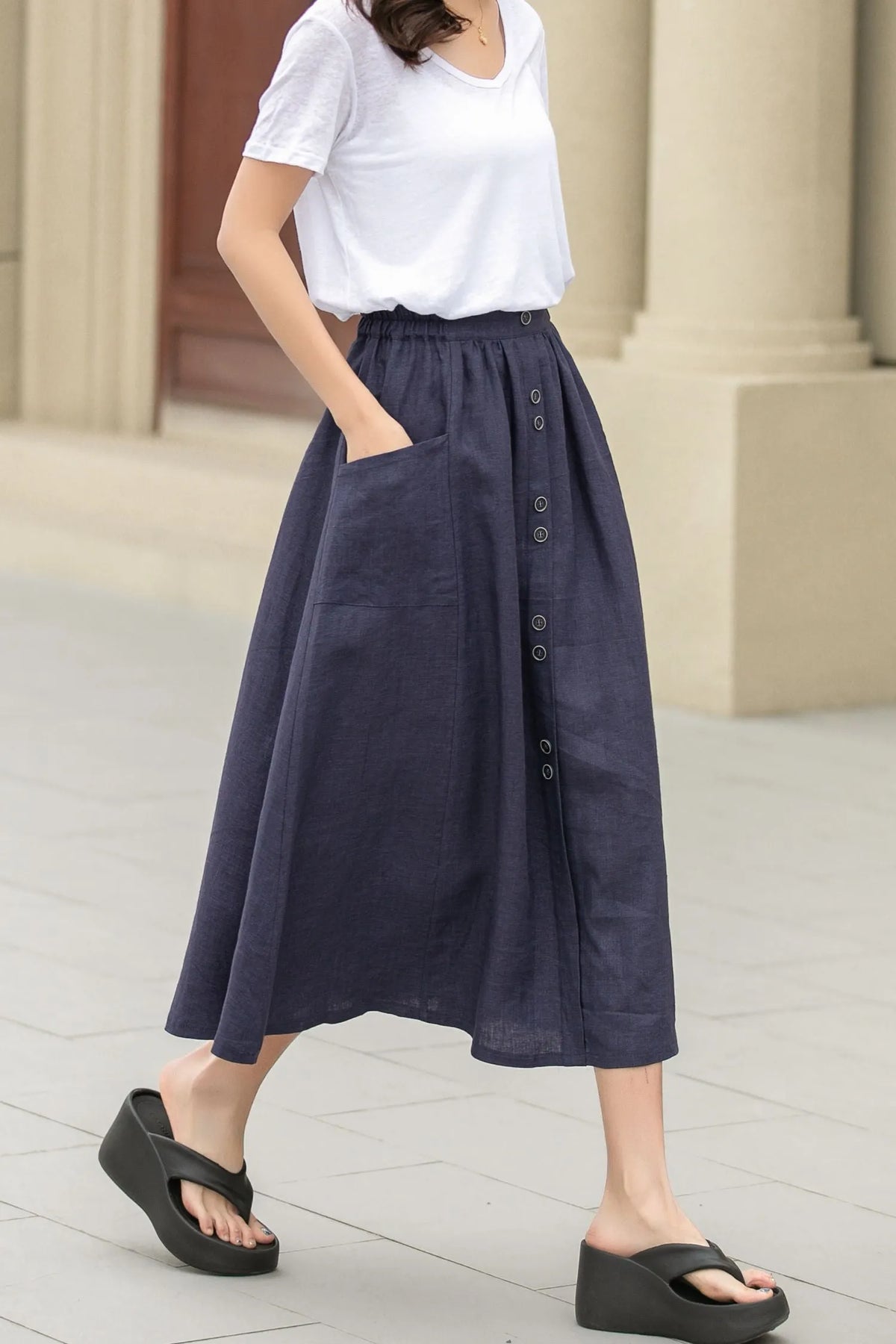 Dark Blue Linen Midi Skirt - Button-Up, Elastic Waistband 4944