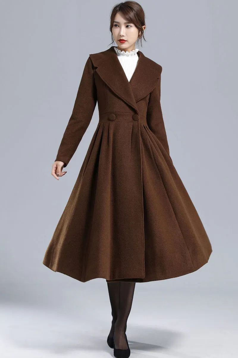 Vintage Princess Wool Coat – Handmade Brown Pleated Long Overcoat 