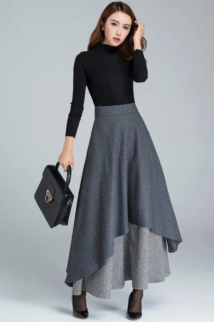 Dark Grey Wool Blend Maxi Skirt – Handmade Layered Vintage Elegance 1625