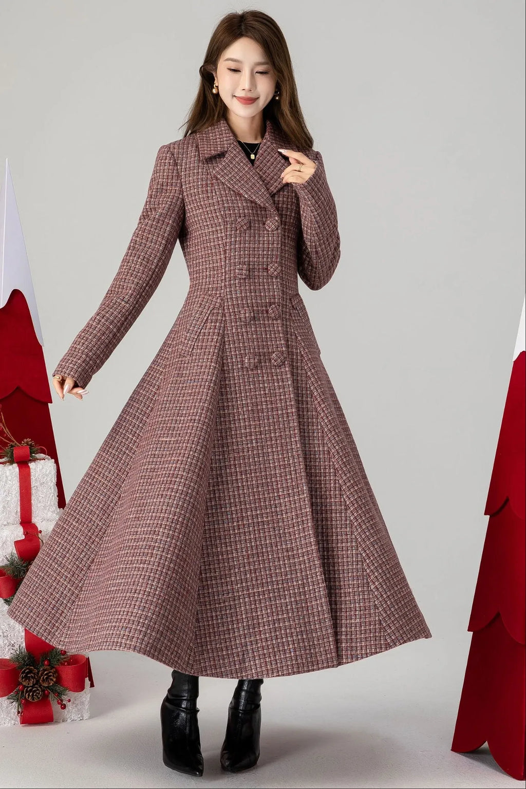 Plaid Wool Coat Maxi - Fit and Flare Double Breasted 4614