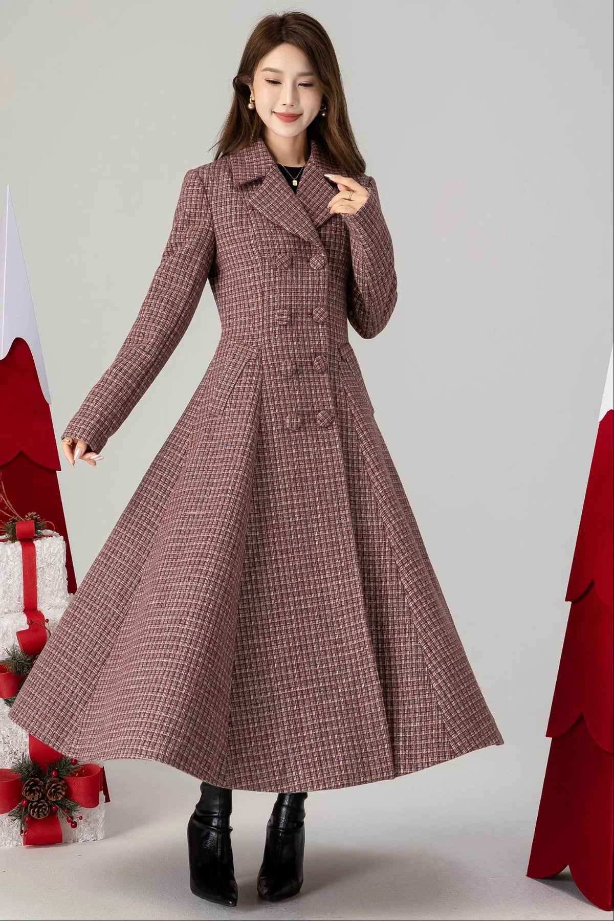 Plaid Wool Coat Maxi - Fit and Flare Double Breasted 4614