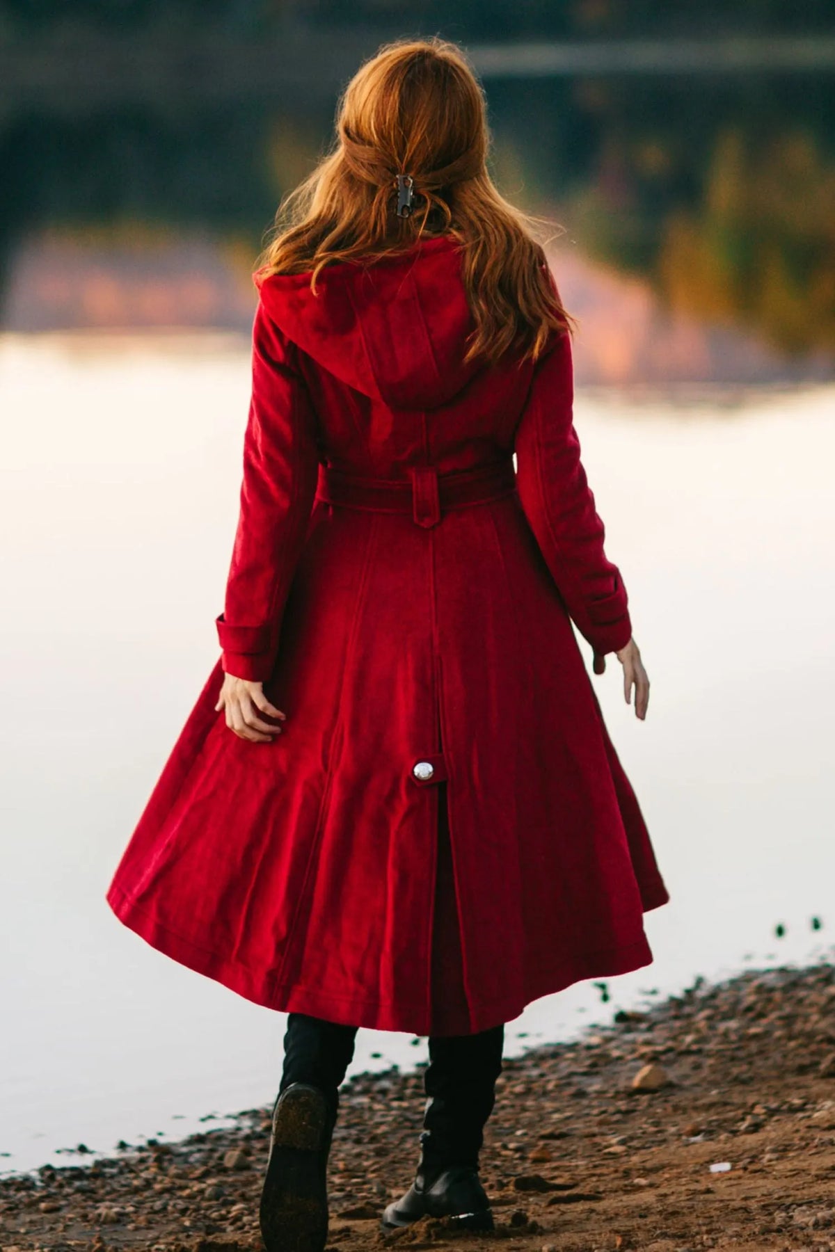 Burgundy Wool Coat Maxi - Hooded, Double Breasted, Self Tie Waist 3218