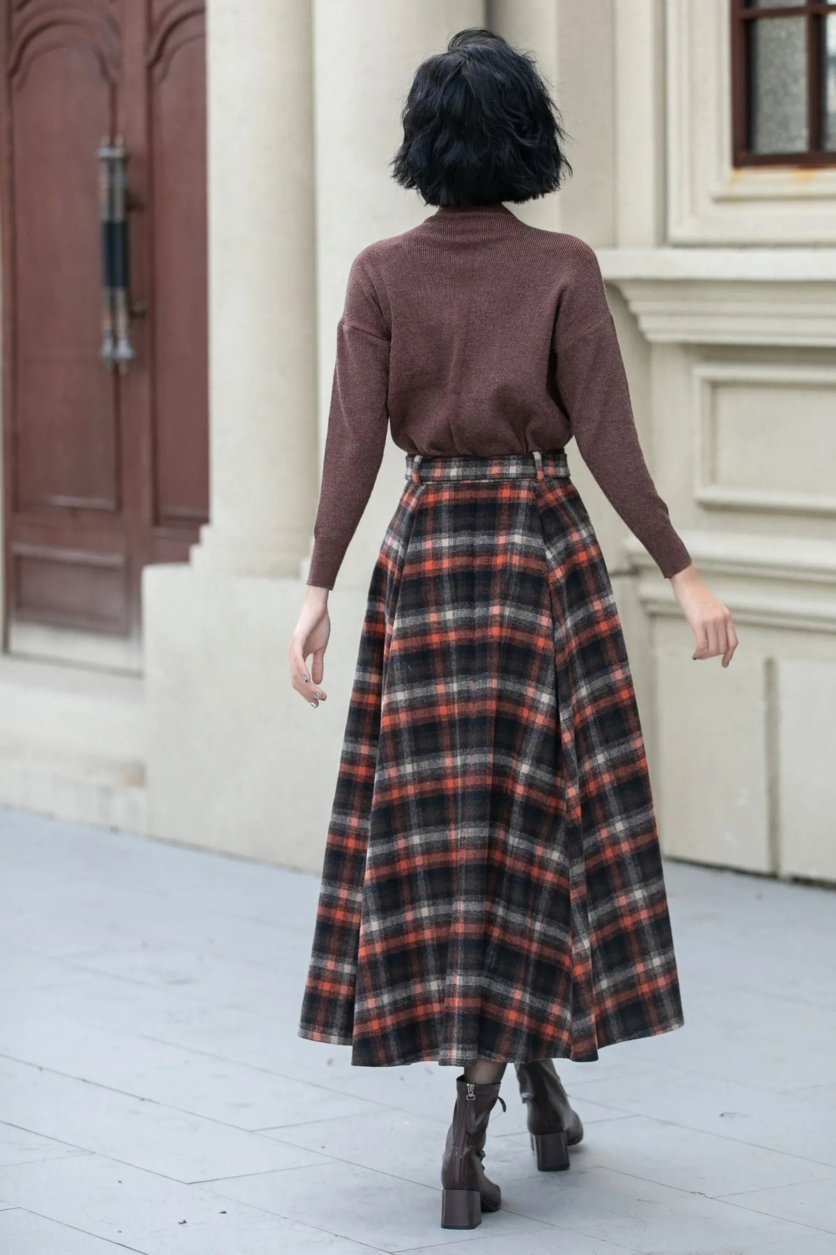 Plaid Wool Midi Skirt - A-Line Silhouette with Belt Waist 5355