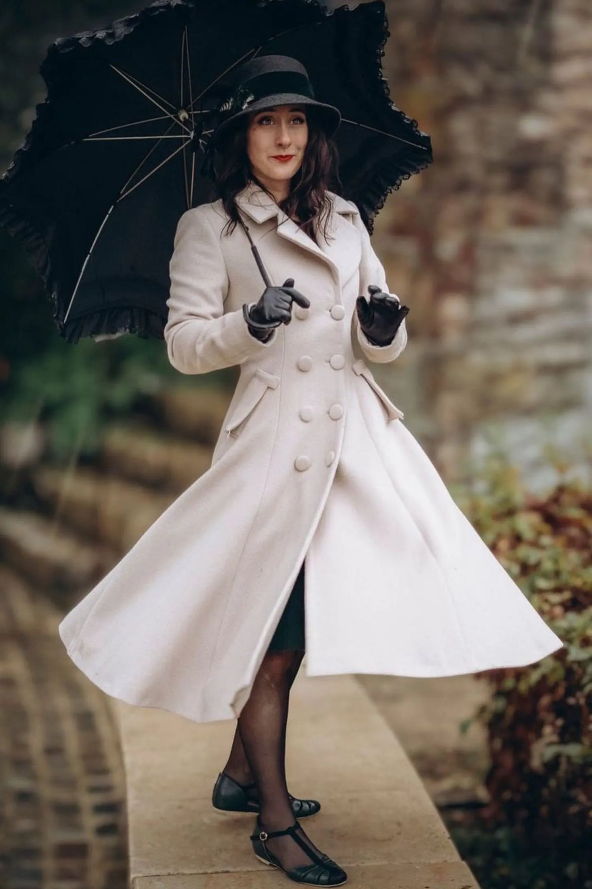 Cream White Wool Blend Coat - Double-Breasted A-Line Overcoat 3183