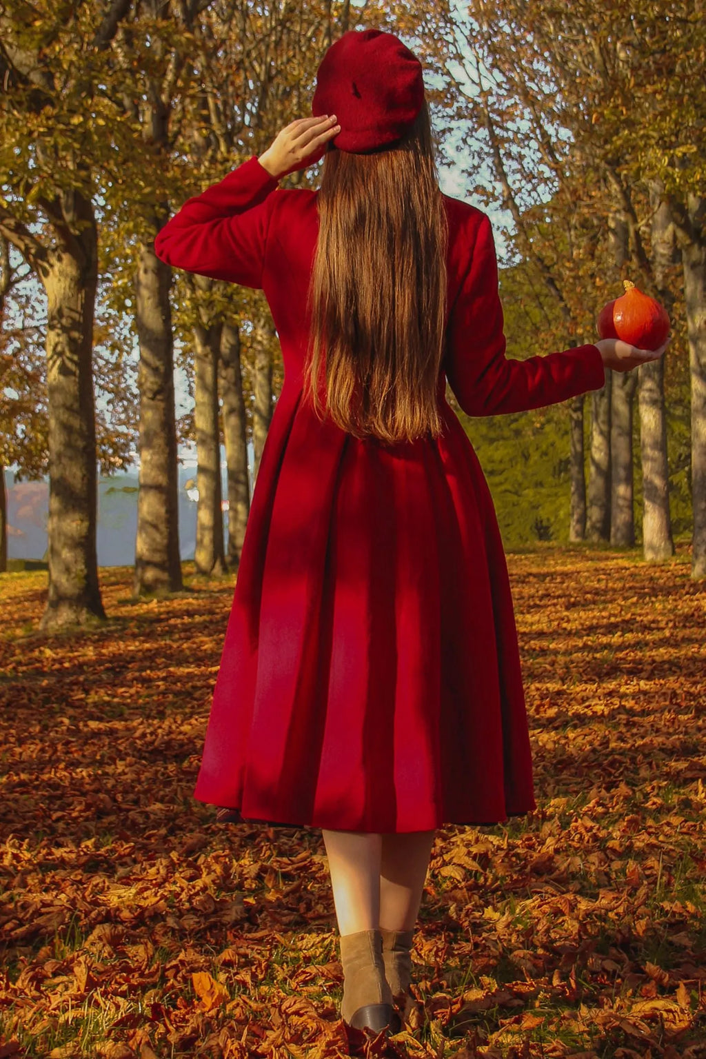 Red Wool Maxi Coat - Vintage Princess Silhouette with Pleated Detail 3219