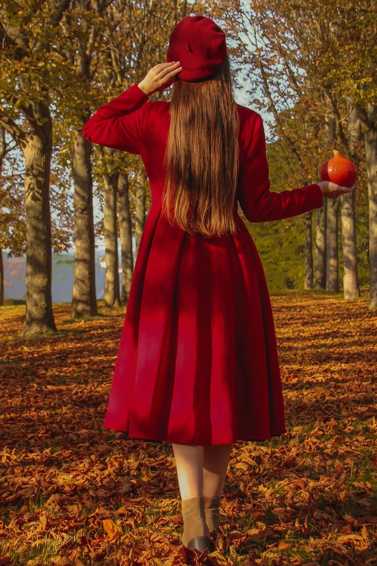 Red Wool Maxi Coat - Vintage Princess Silhouette with Pleated Detail 3219