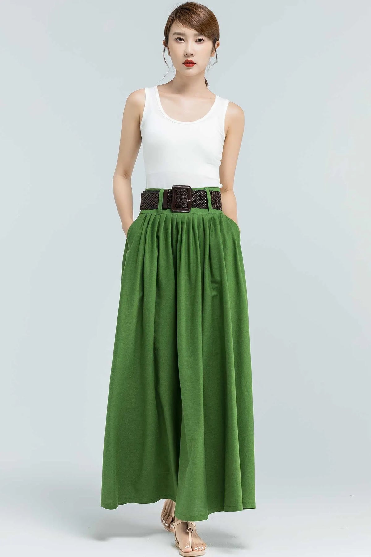 Green Linen Maxi Skirt - Pleated Waist with Pockets 2381