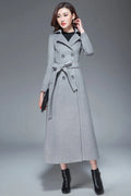 Handmade Light Gray Wool Coat – Elegant Double-Breasted Belted Long Overcoat 