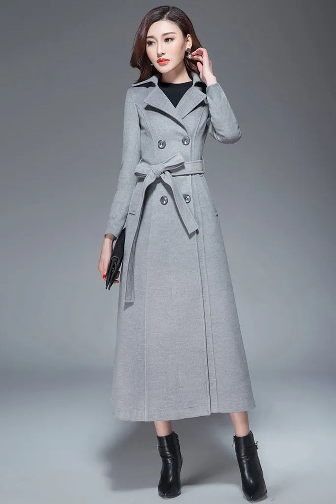 Handmade Light Gray Wool Coat – Elegant Double-Breasted Belted Long Overcoat 