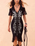 Western-Style Short Skirt — Carbon Black Midi Dress With Silver Thread Embroidery, Tassel Hem, And Velvet Texture.