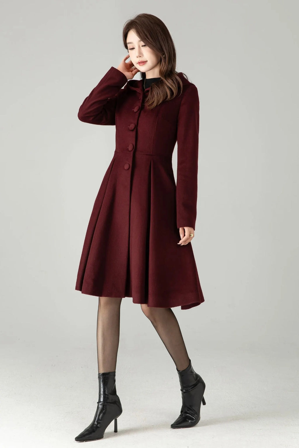 Hooded Burgundy Wool Coat – Vintage Fit & Flare Short Winter Coat 