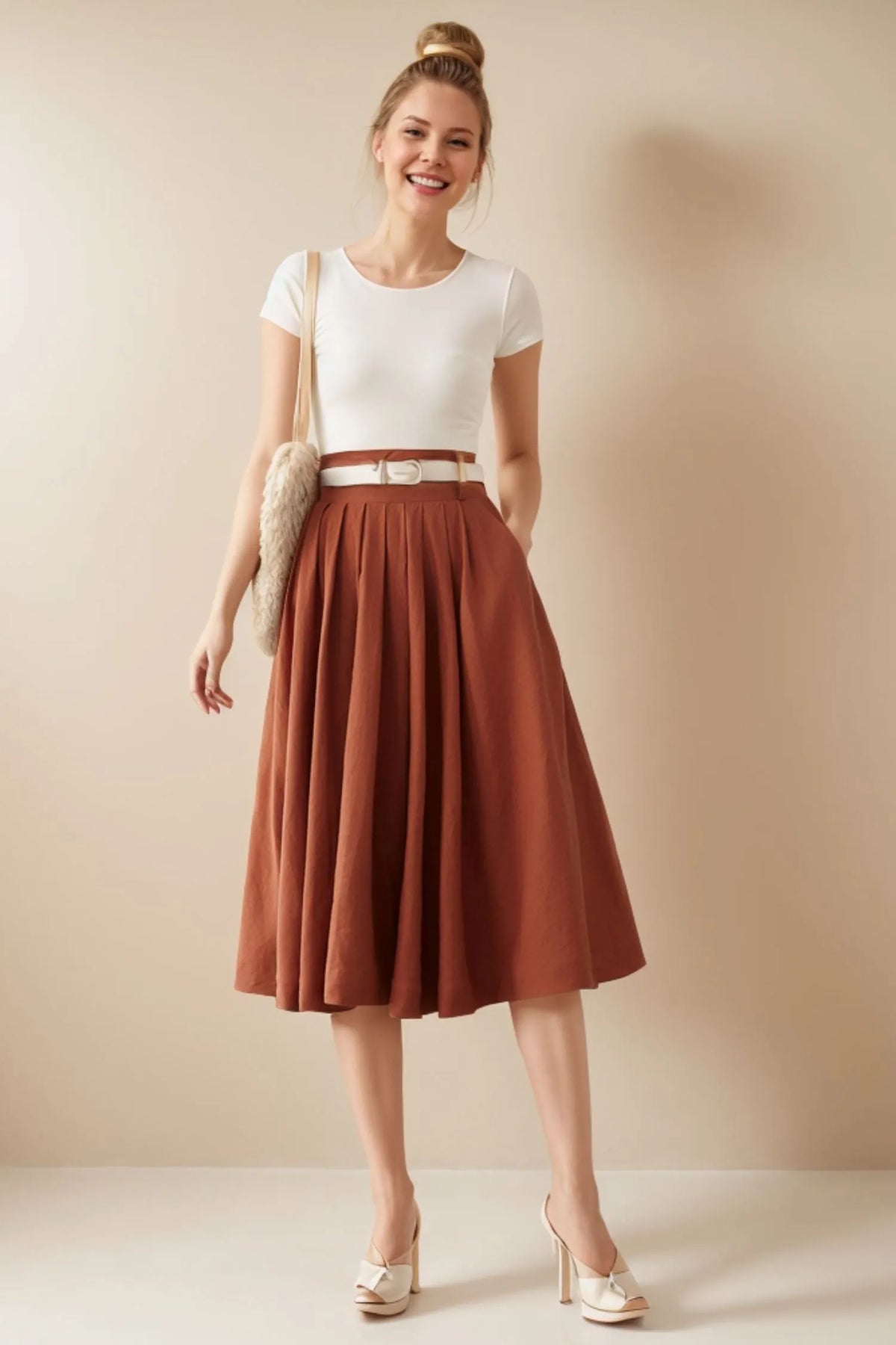 Brown Linen Midi Skirt - Pleated Full Circle Silhouette with Pockets 4976