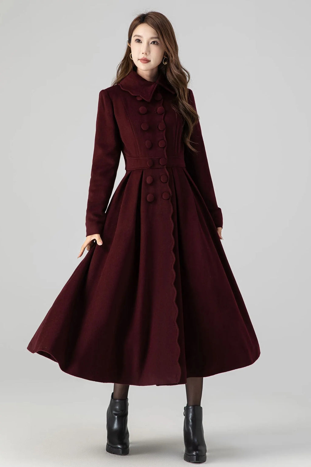 Handmade Burgundy Wool Coat – Vintage Princess Winter Maxi Overcoat 4517