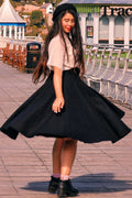 Black Wool Knee Length Circle Skirt - High Waist Vintage Flair 3156