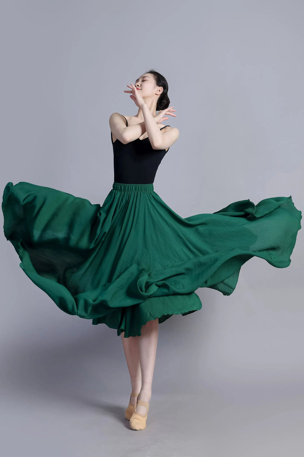 Green Linen Cotton Maxi Circle Skirt - Elastic Waist Boho 