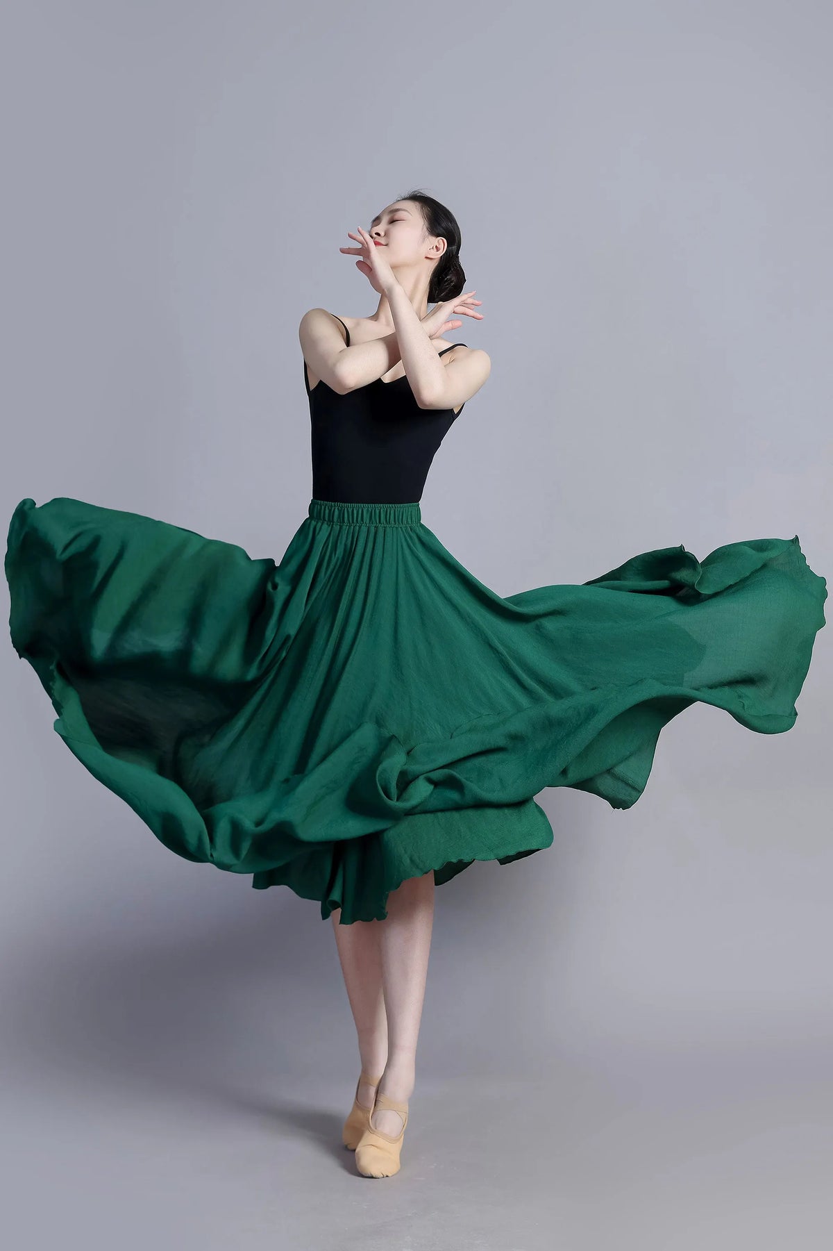 Green Linen Cotton Maxi Circle Skirt - Elastic Waist Boho 