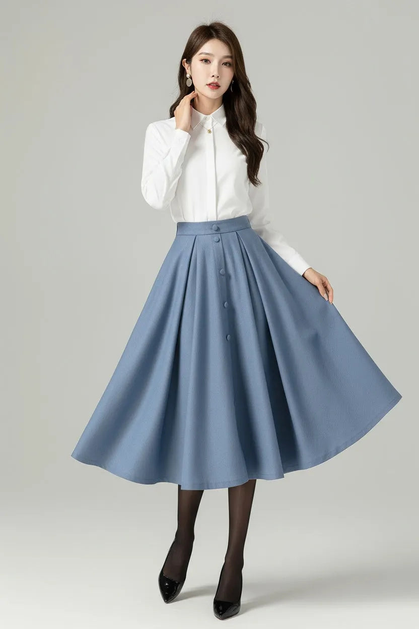 Blue Wool A-Line Midi Swing Skirt – High Waist Winter Skirt with Buttons 6566